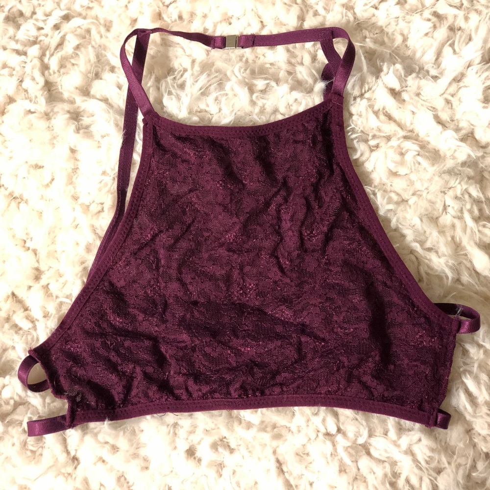 Maroon lace halter bralette with hooks in back.